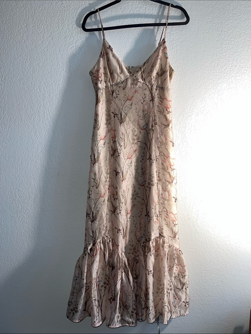 Storia Beige Floral Maxi Slip Dress with Ruffle Hem